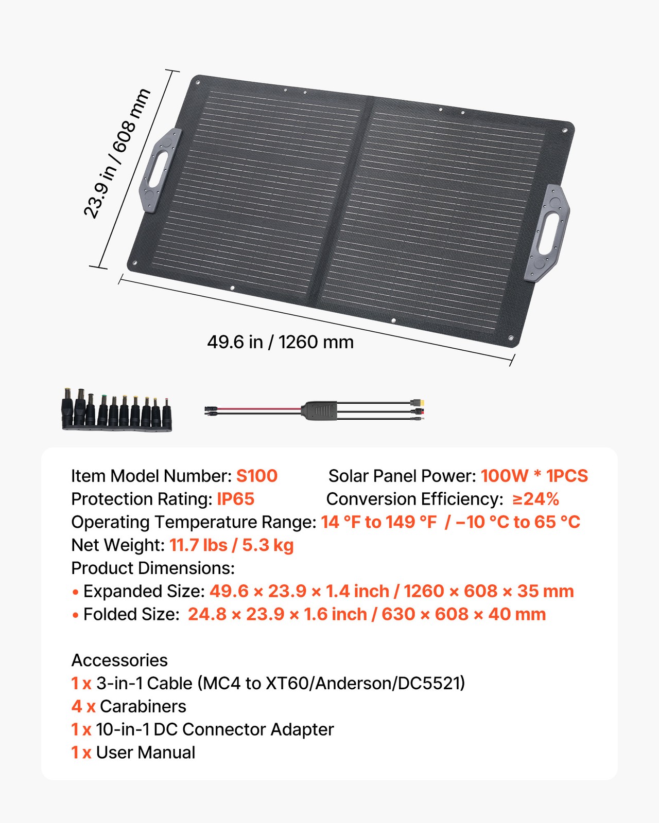VEVOR 100W Foldable Solar Panel Charger Portable Monocrystalline Solar Panel
