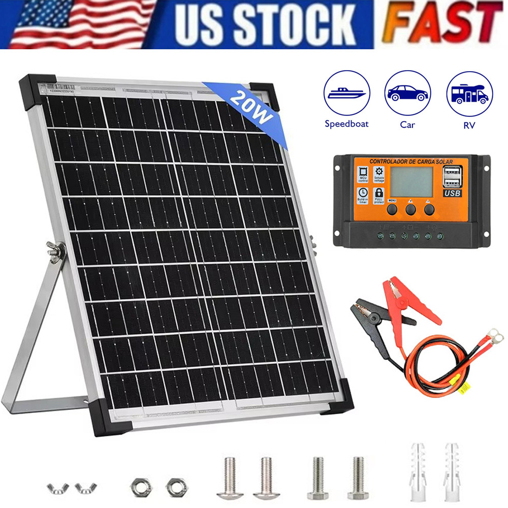 20W Solar Panel 12V Charger Battery Charger Kit Trickle Maintainer Boat Car RV