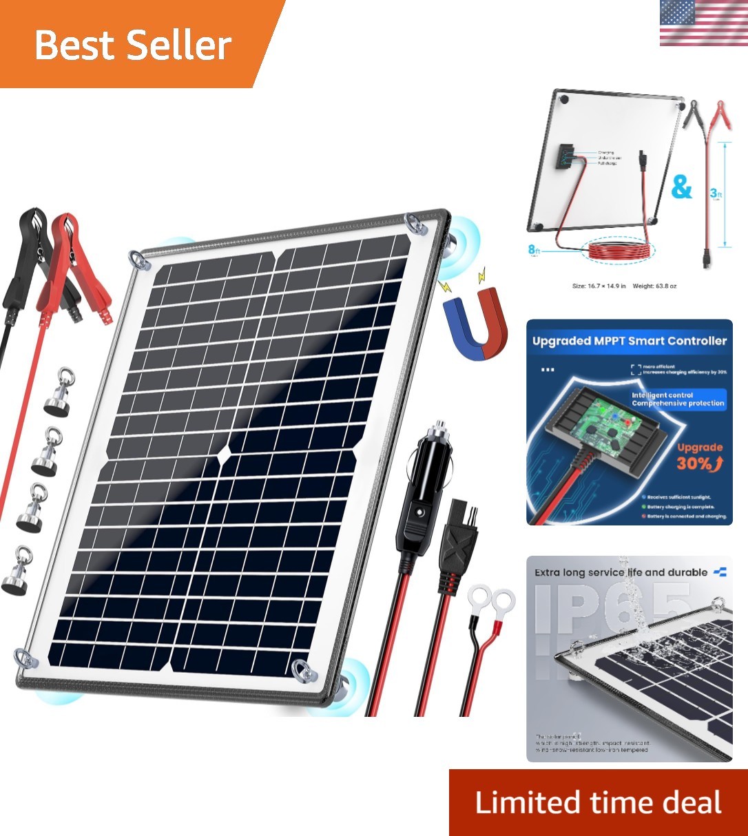 Magnetic 12V 20W Solar Panel Charger Kit w/ MPPT Controller – All Weather Use