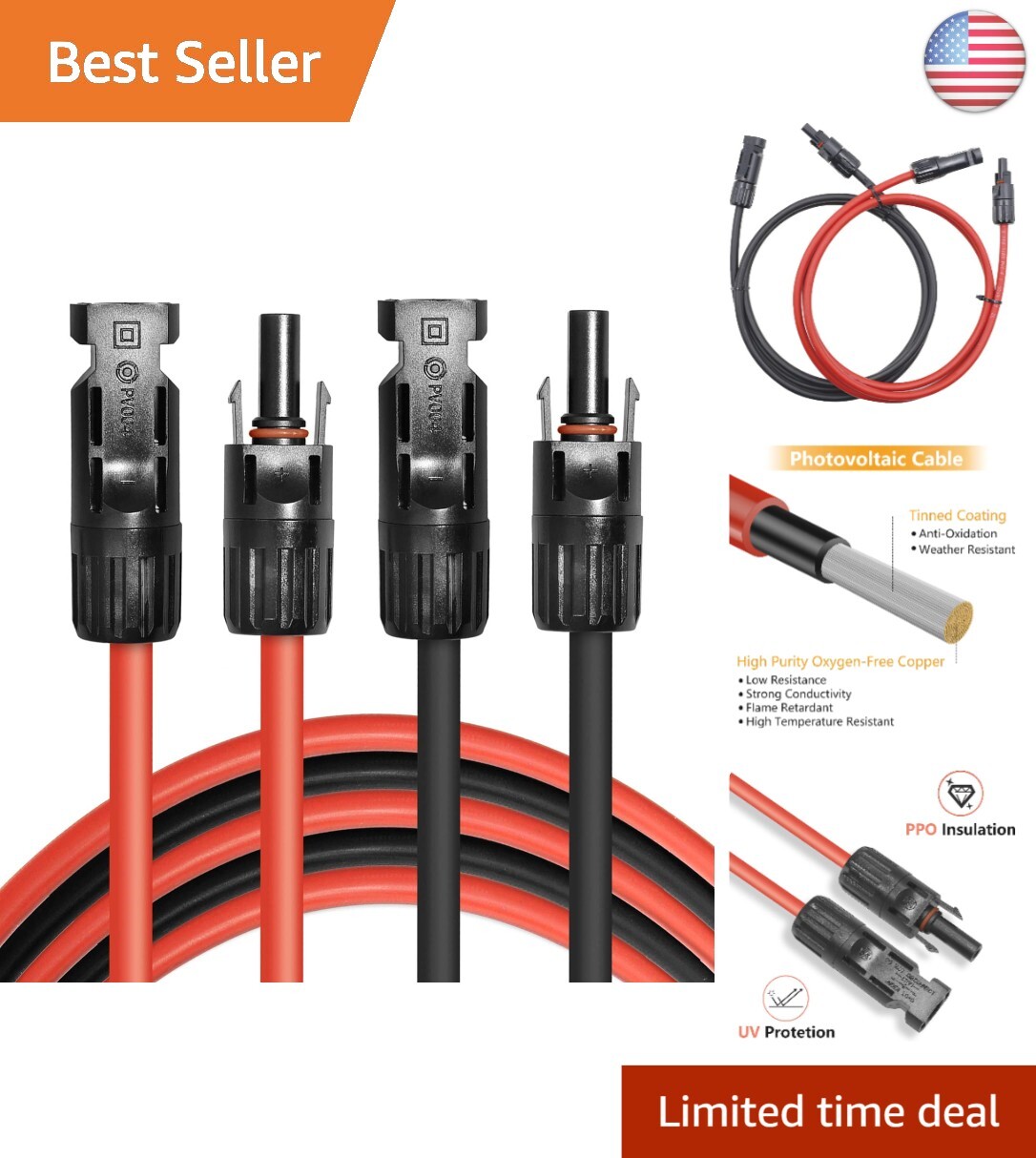 High-Quality 10AWG Solar Extension Cables – Set of 2, 5FT Length, Weatherproof