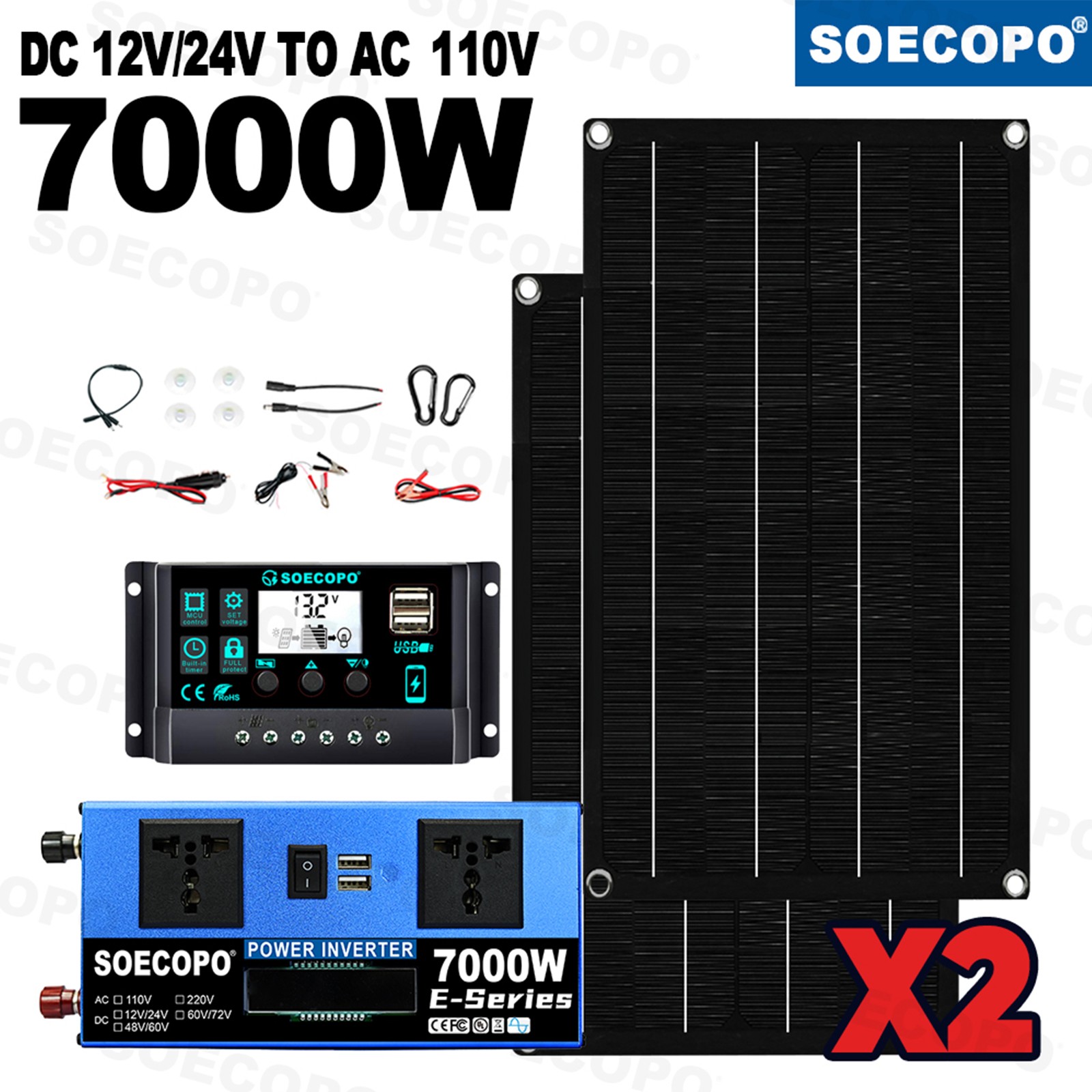 7000W Solar Kit | Sine Wave Inverter+2High-Conversion Solar Panels+100A Charger