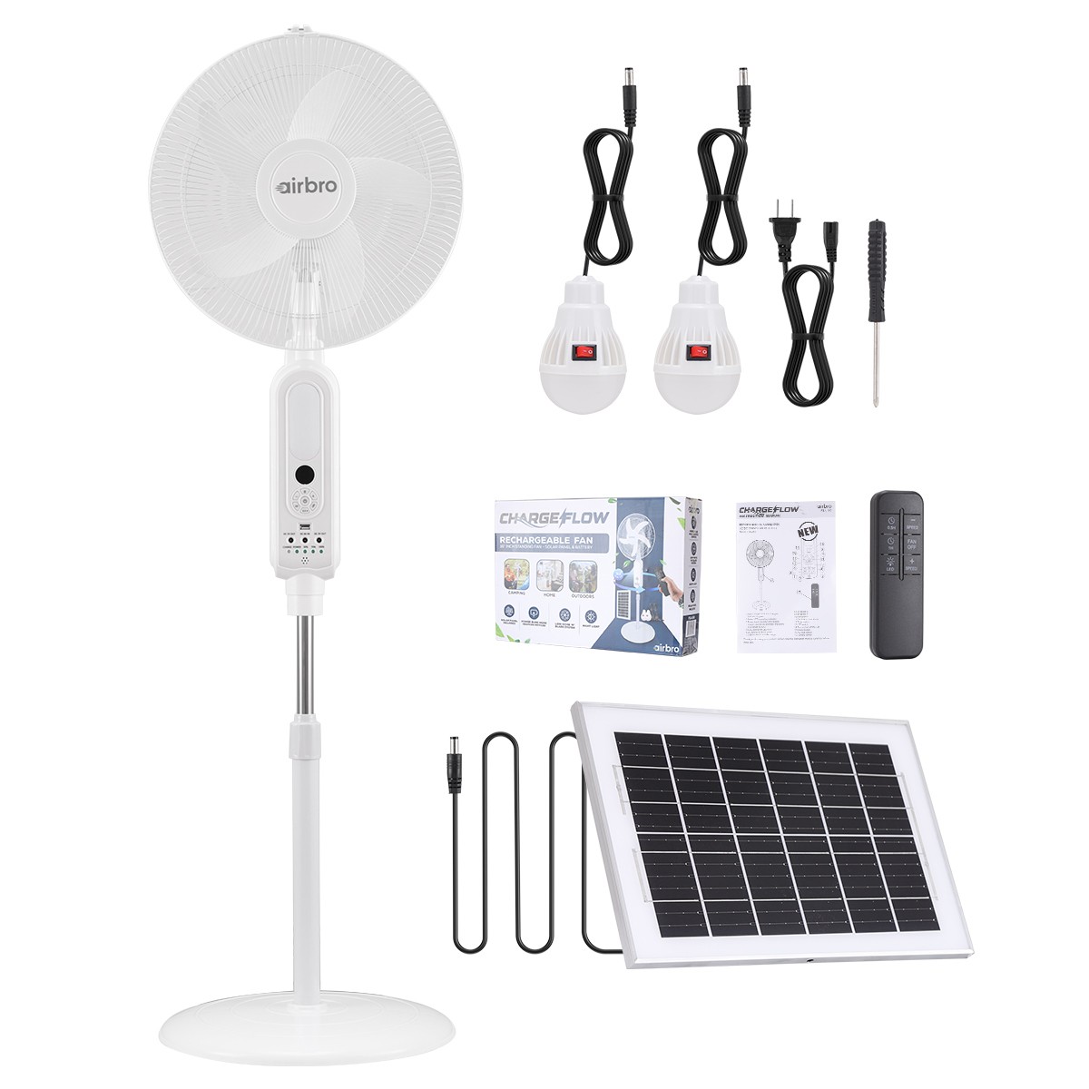 16 Inch Solar Rechargeable Standing Fan with 2PCS LED Light Bulbs Remote Control