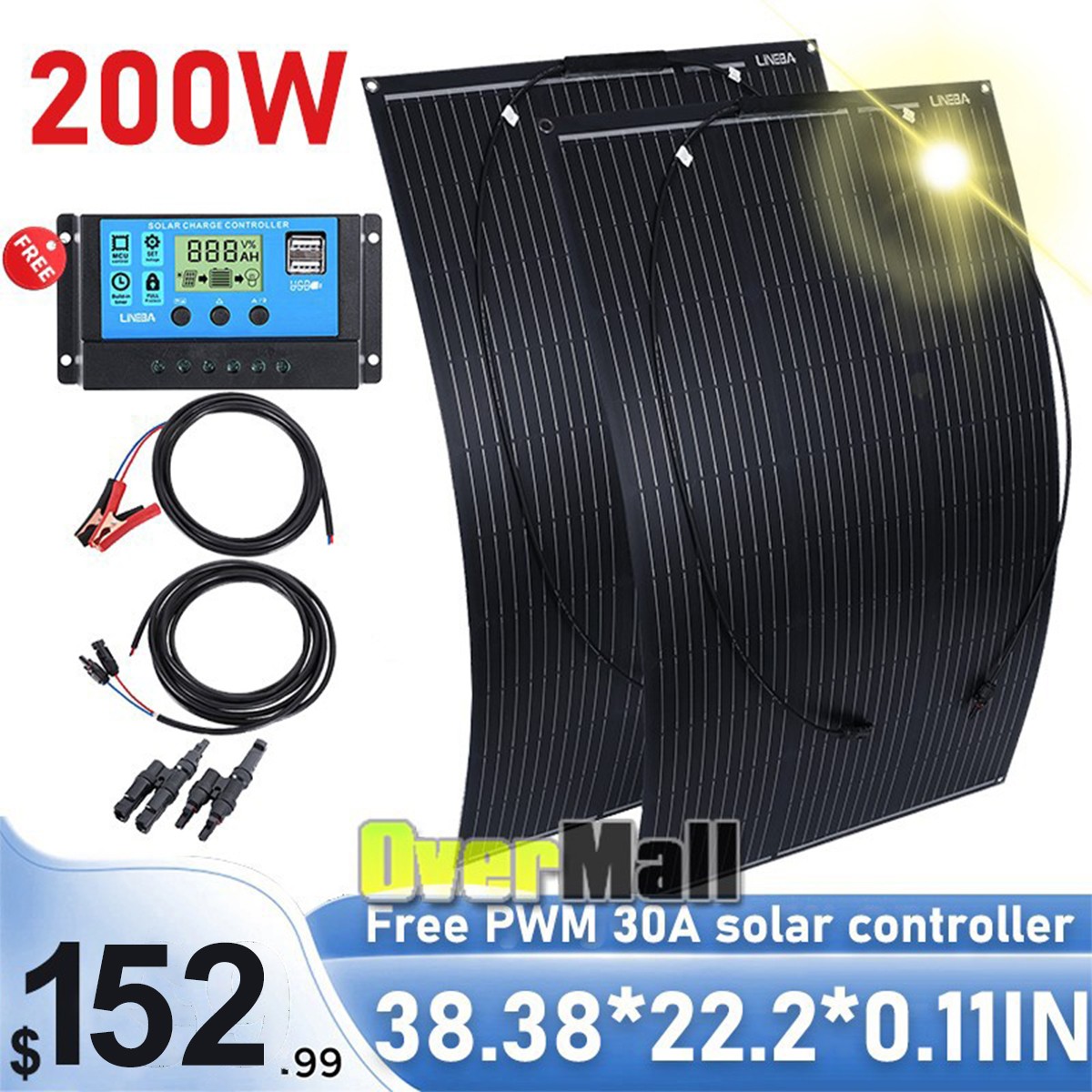 200W Watt 12V Portable Flexible Solar Panel (100W*2PCS) For RV/Car battery/Home