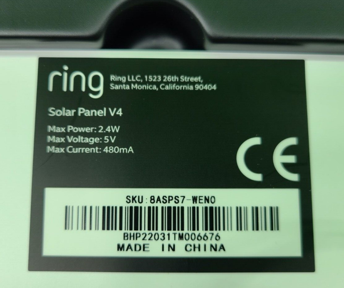 Ring Solar Panel V4 (1st Generation), 2.4W, Barrel Plug Connector