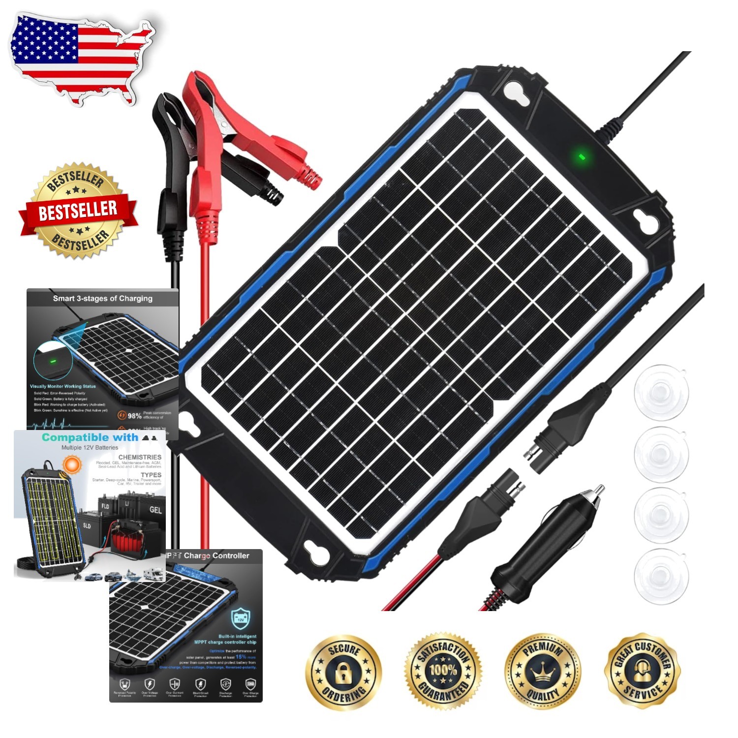 Waterproof 12W Solar Battery Maintainer with Ultra-Smart MPPT Charge Control
