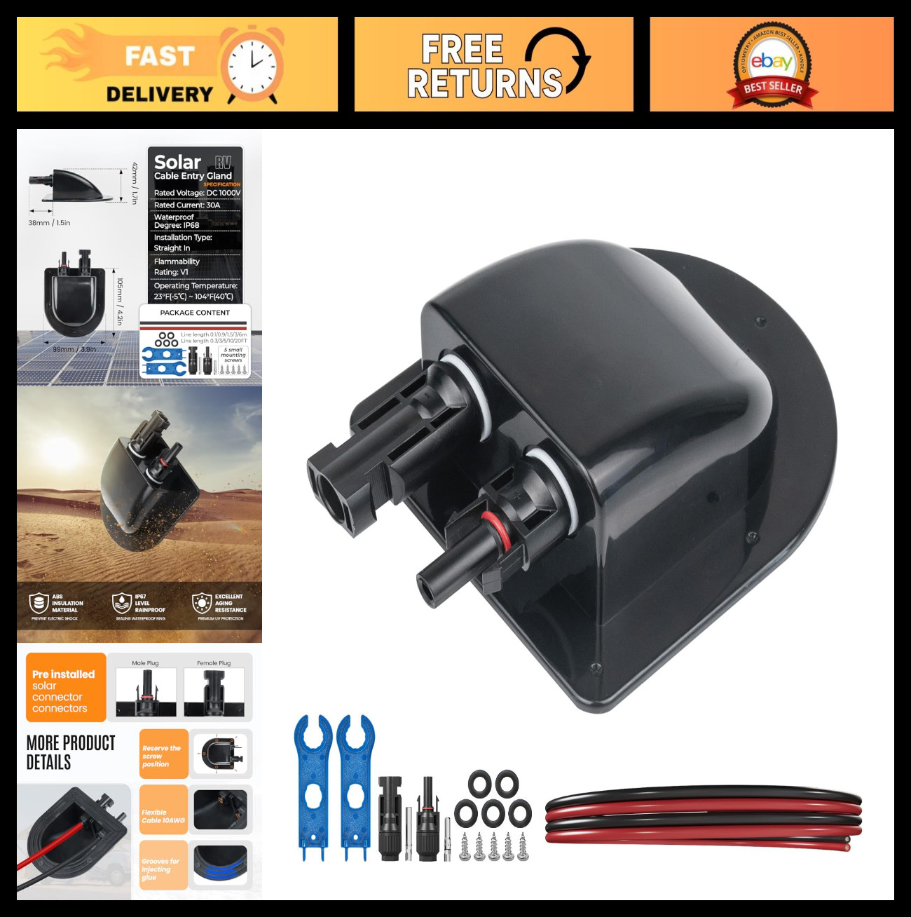 Solar Cable Entry Gland Kit – 10AWG Copper Wire, UV Resistant Dual Housing for R