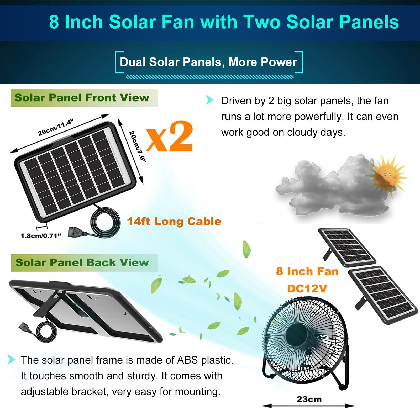 Solar Powered Fan 8 Inch Install Free with 25W Dual Solar Panels Cloudy Days