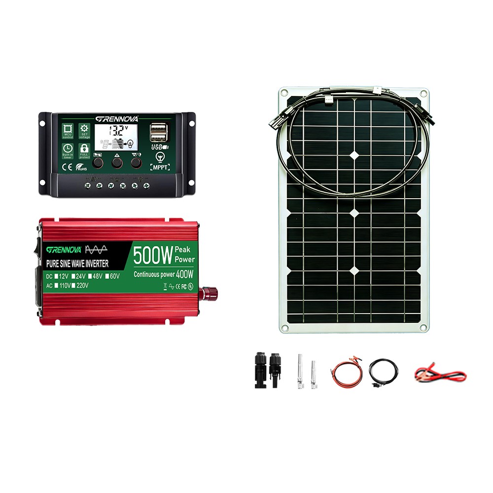 Grennova 500W Pure Sine Solar Kit 80W 60A MPPT 12V 110/220V Inverter Home Backup
