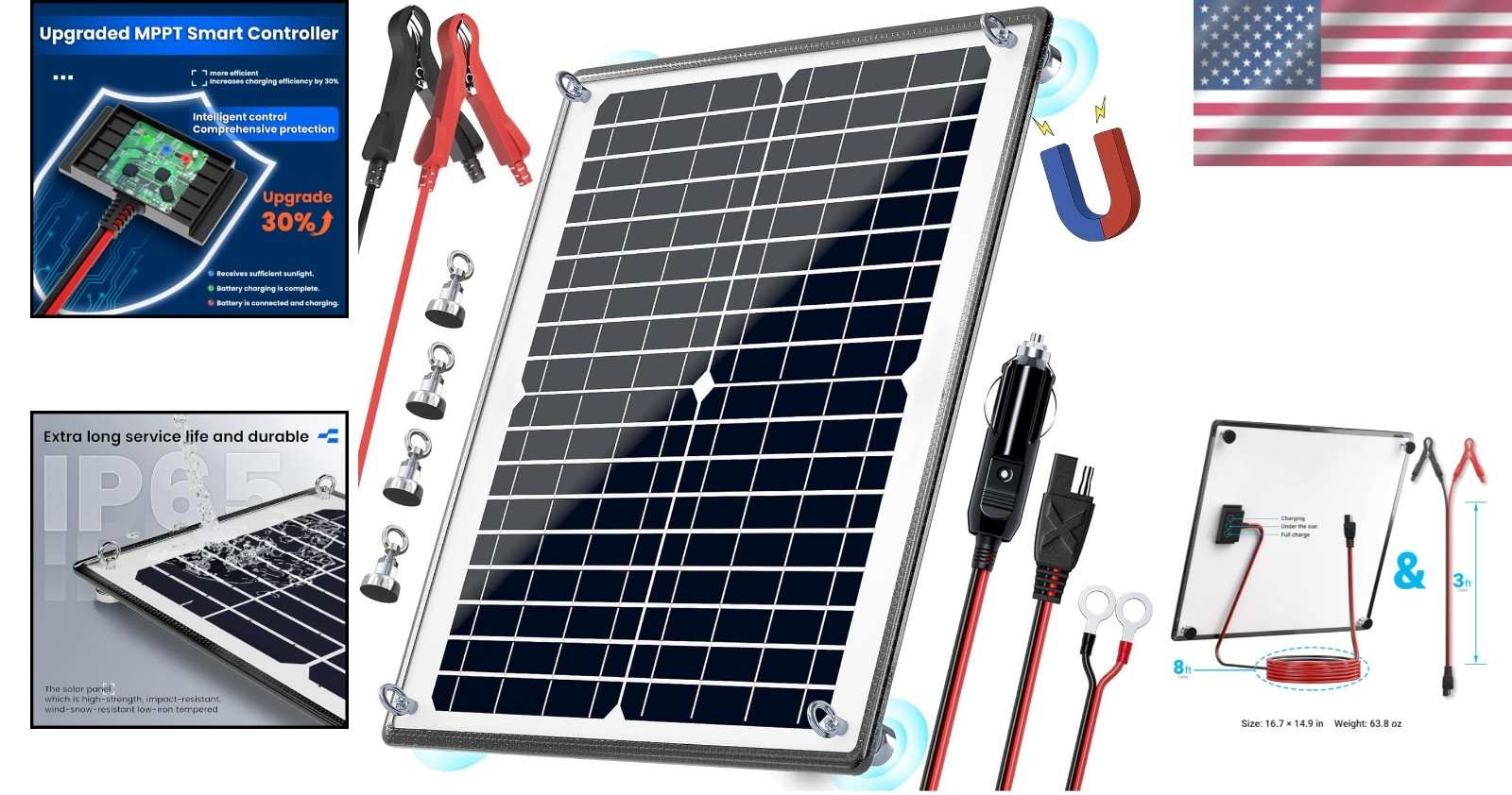 Magnetic 12V 20W Solar Panel Charger Kit w/ MPPT Controller – All Weather Use