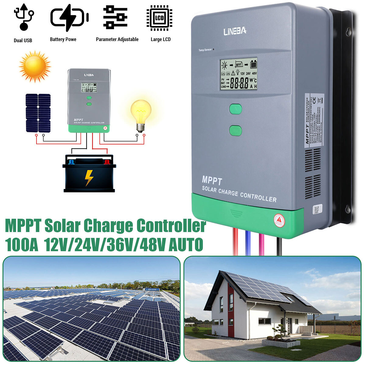 12/24V 30A~100A MPPT Solar Charge Controller Panel Battery Regulator Dual USB