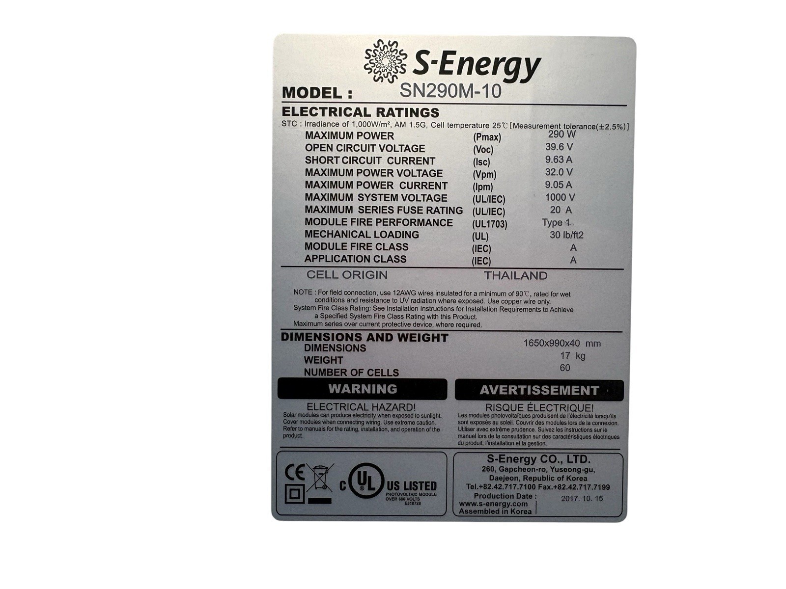 Used S-Energy SN290M-10 290W Monocrystalline Solar Panel 39.6Voc Black Frame