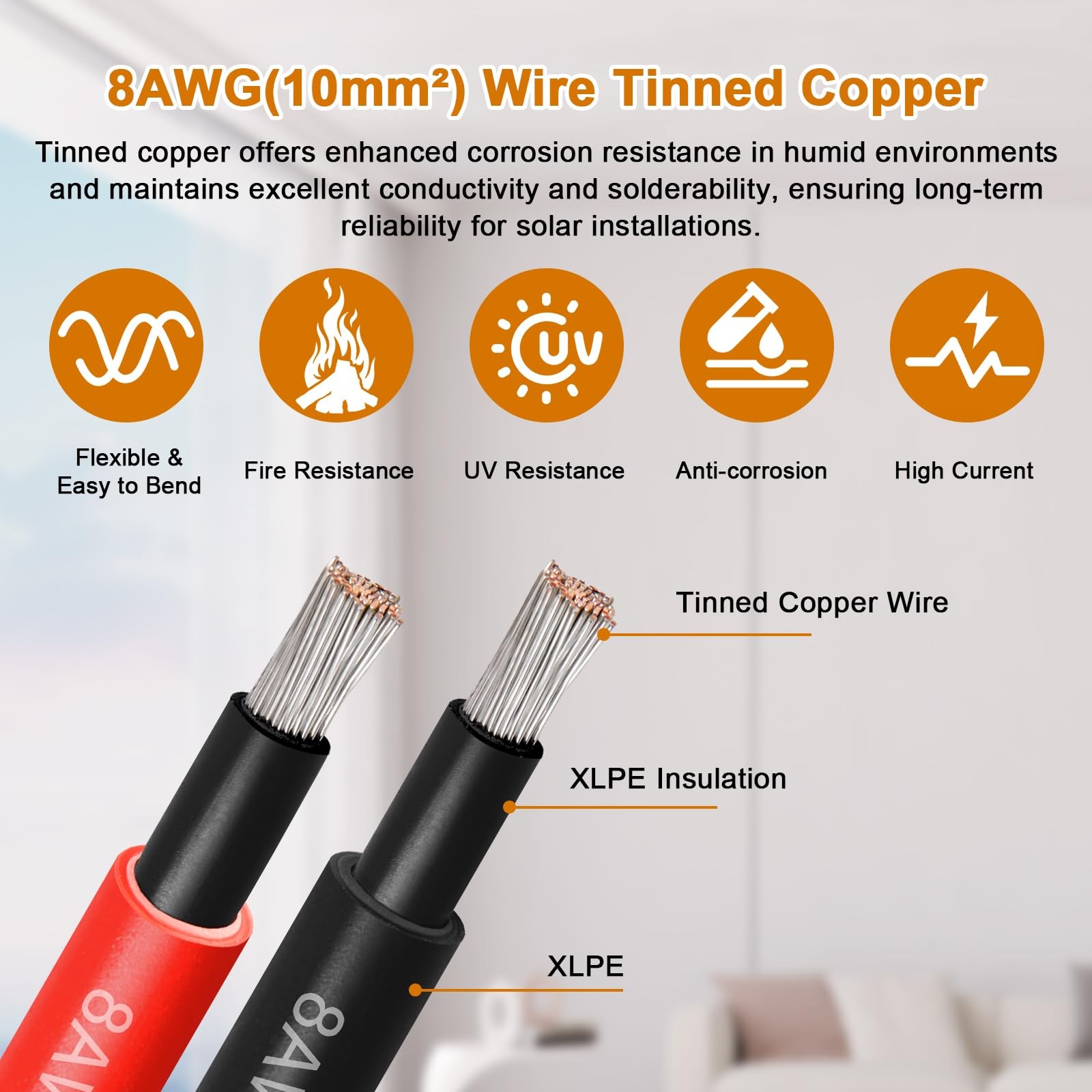 Solar Panel Extension Cable – 8AWG 20FT Solar Wire Cord 8 Gauge PV Wire with Fem