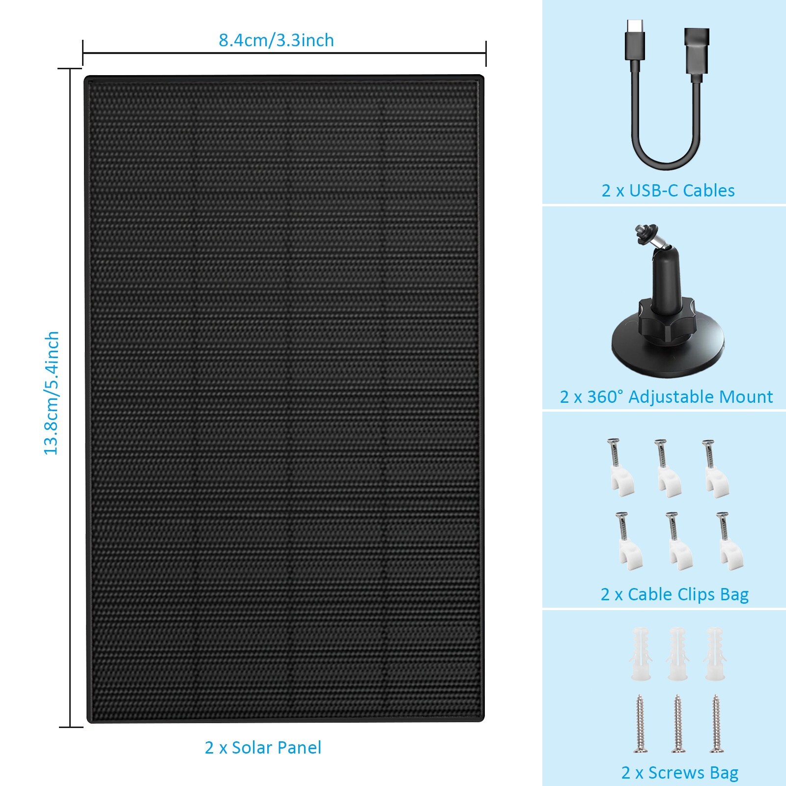 2 Pack Solar Panel for Security Camera，Solar Panel Charger with USB & Type C