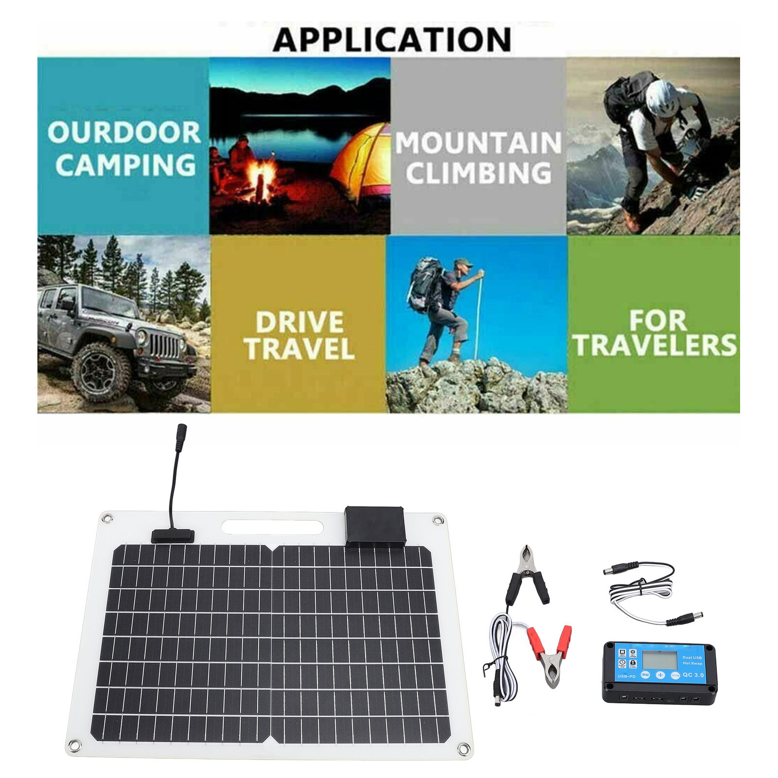 Solar Panel Battery Charger 100W Monocrystalline Silicon 12V 24V Dual USB 100