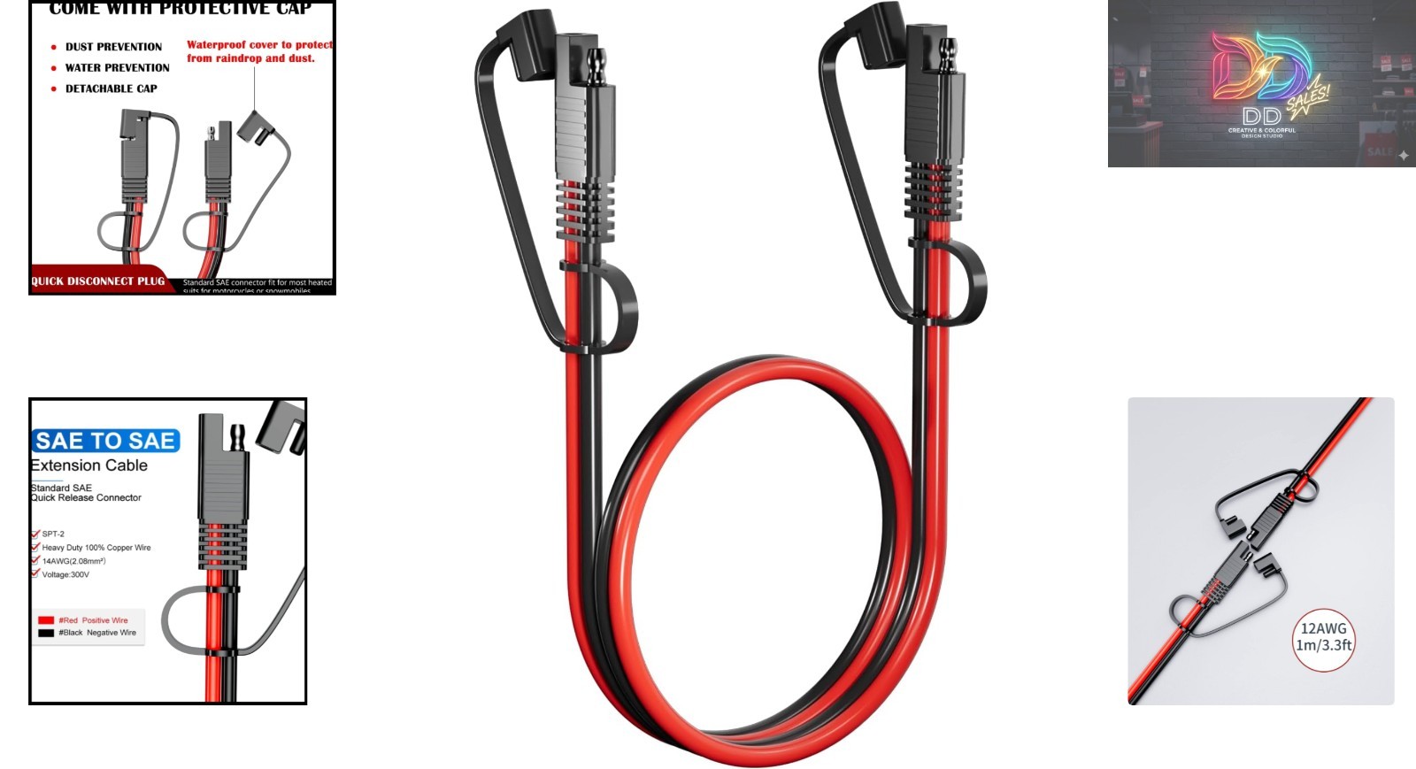 Reliable SAE to SAE Extension Cable 3.3FT – Perfect for Solar Panels and More