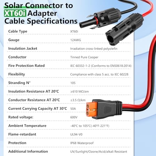 Solar to XT60i Extension Cable 12AWG 20FT XT60i Female to Male 12AWG-20FT