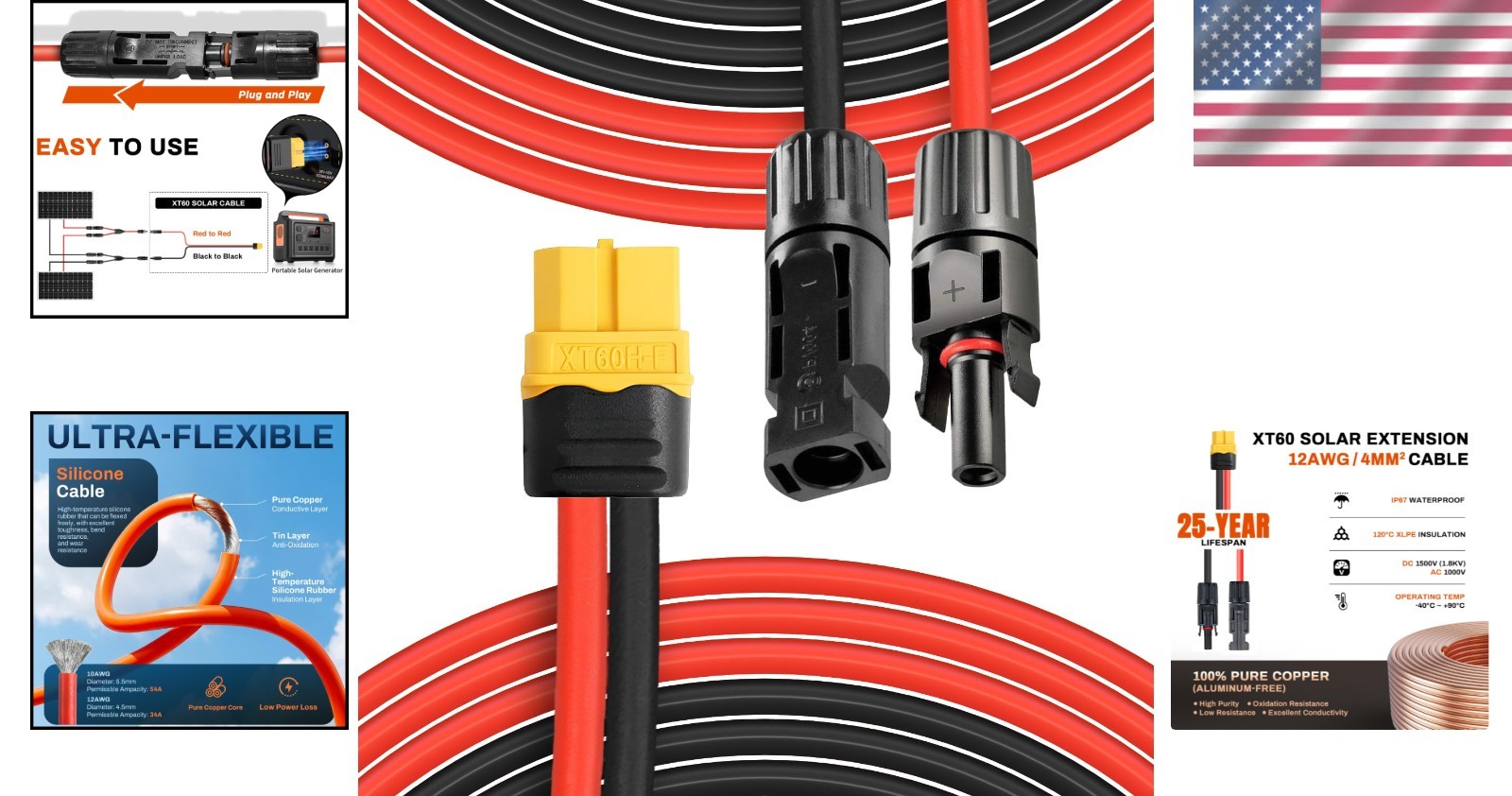 10Ft XT60 Extension Cable 12AWG – Waterproof Solar Connector for Efficient Power