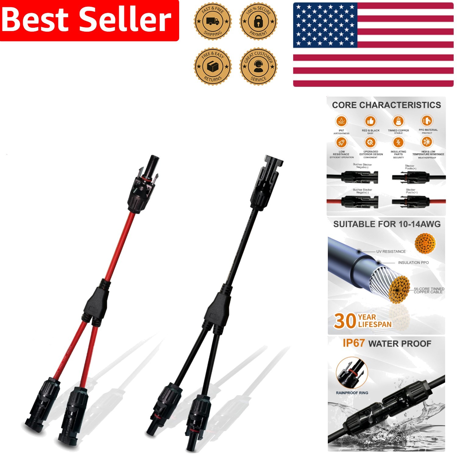 Solar Panel Y Branch Connectors, Upgraded MC4 Adapter Cable, 1 Pair Wire Plug…