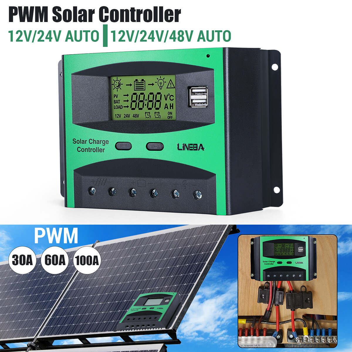 5200W MPPT Solar Charge Controller 100A 12V 24V 36V 48V USB Battery PV Regulator