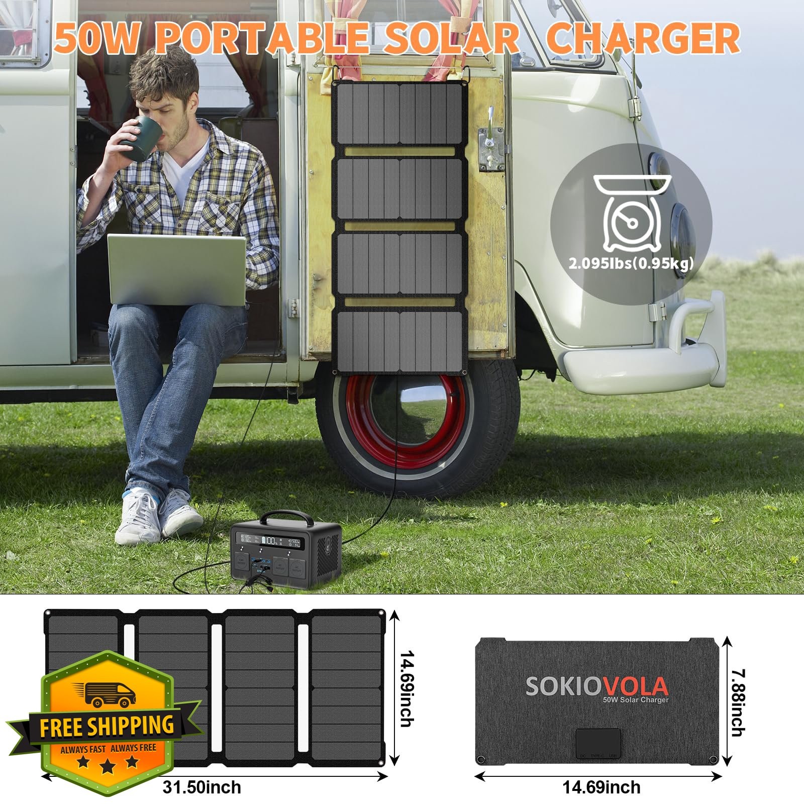 SOKIOVOLA 50W Foldable Solar Panel 50 Silver Grey