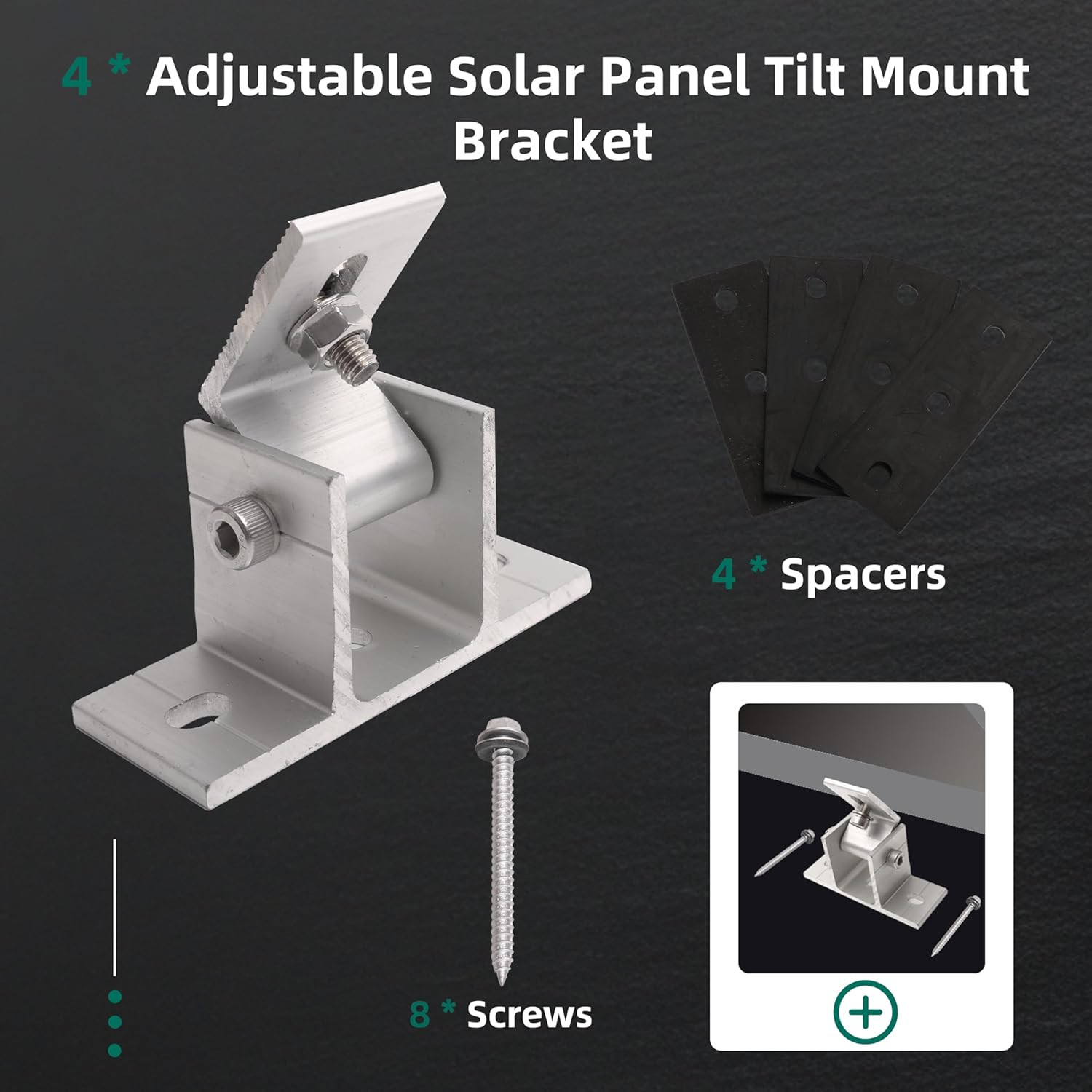4 Pack Adjustable Solar Panel Tilt Mount Bracket Base, Tilt Angle 10°-60° Flat R
