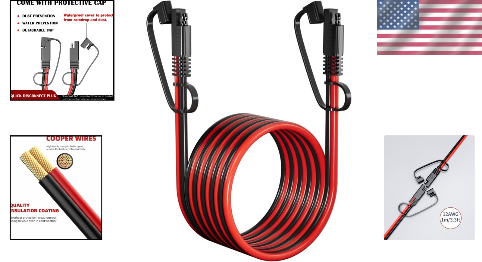 10FT SAE Extension Cable with Dust Cap – Compatible with Most Outdoor Devices