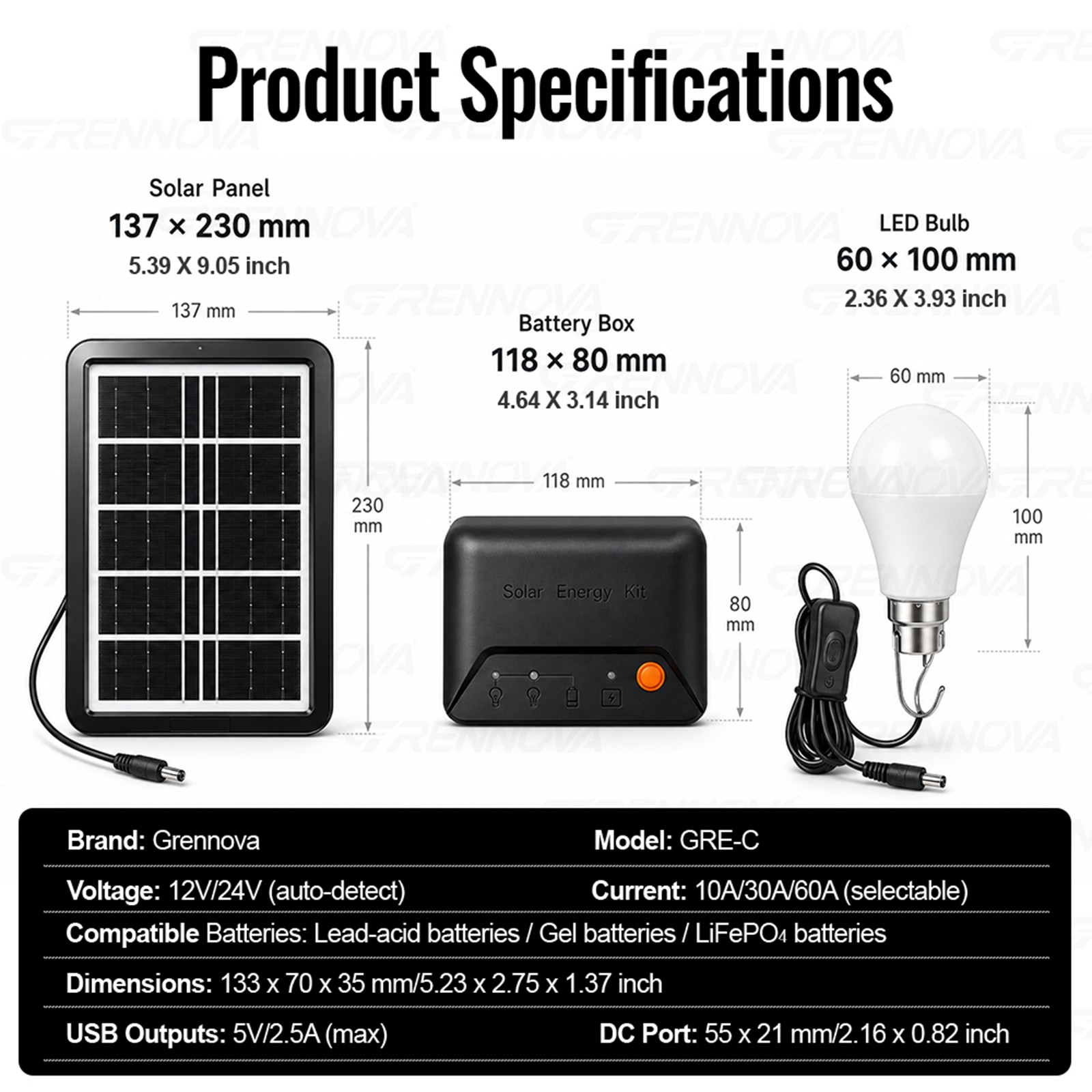 Grennova Portable Solar Light Kit USB Charger 2PCS Switch LED Bulbs