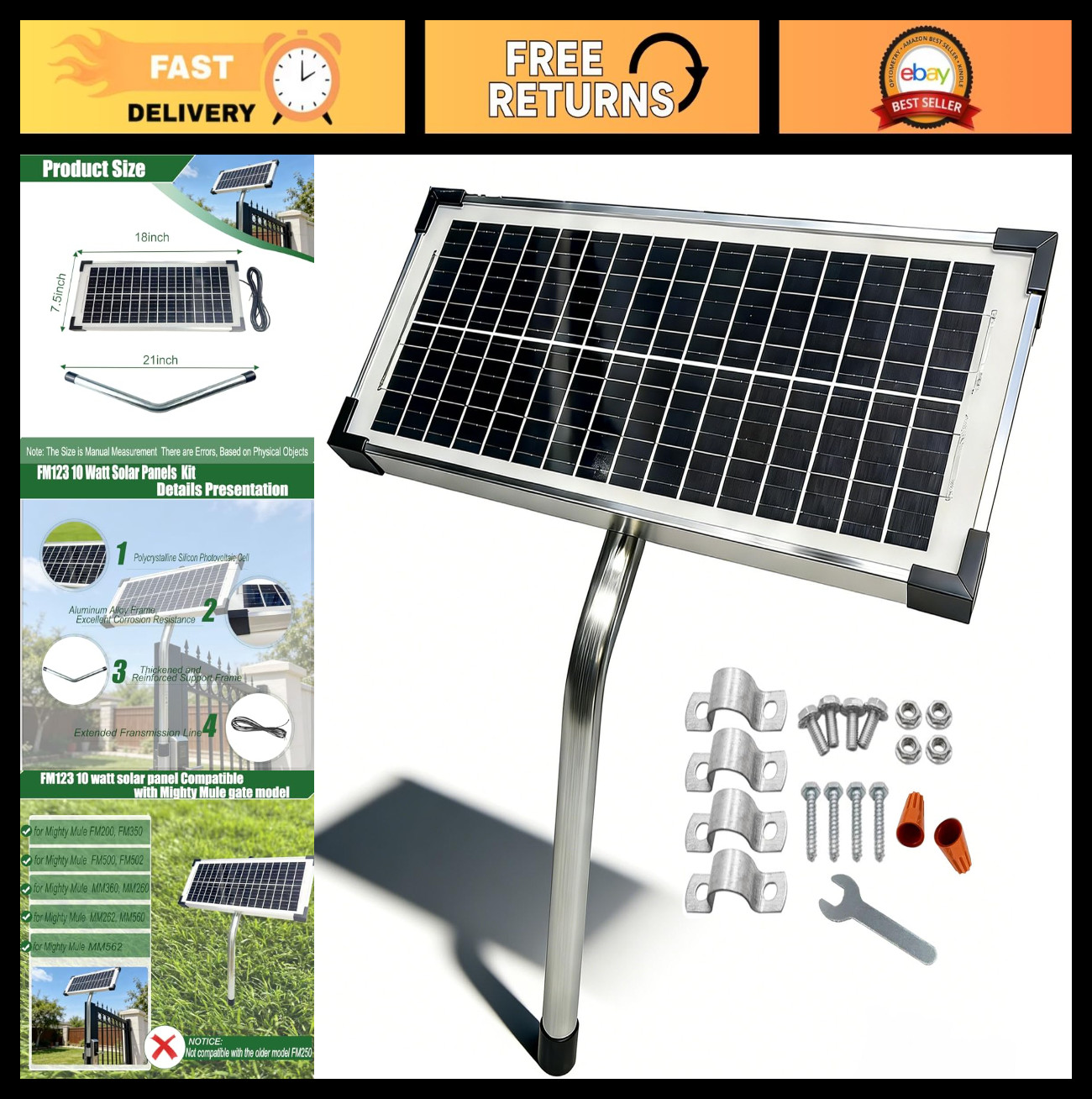 10W Solar Panel Kit for Automatic Gate Openers, 12V Battery Charger, Portable Re