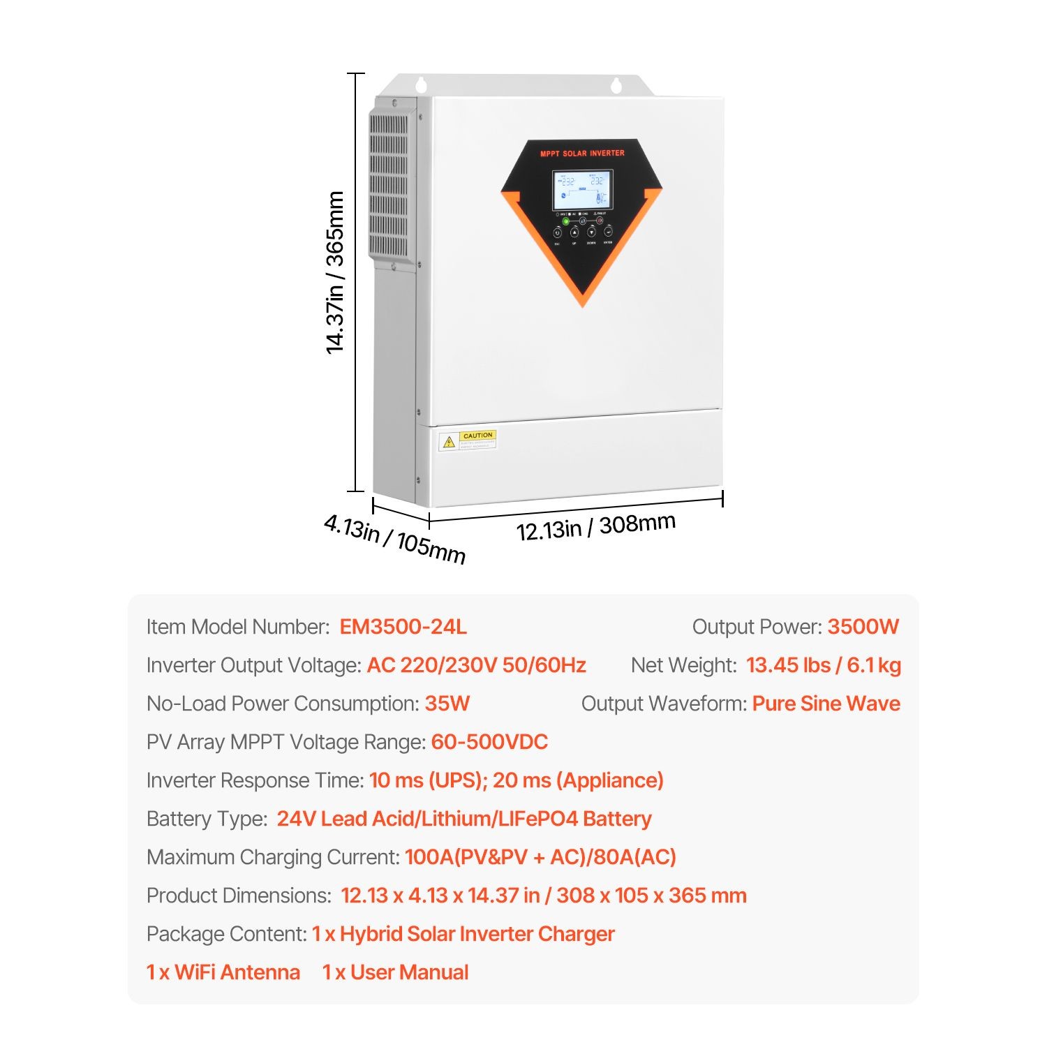 3500W Hybrid Solar Inverter, 24V to 220V AC, Built – in 100A MPPT Controller