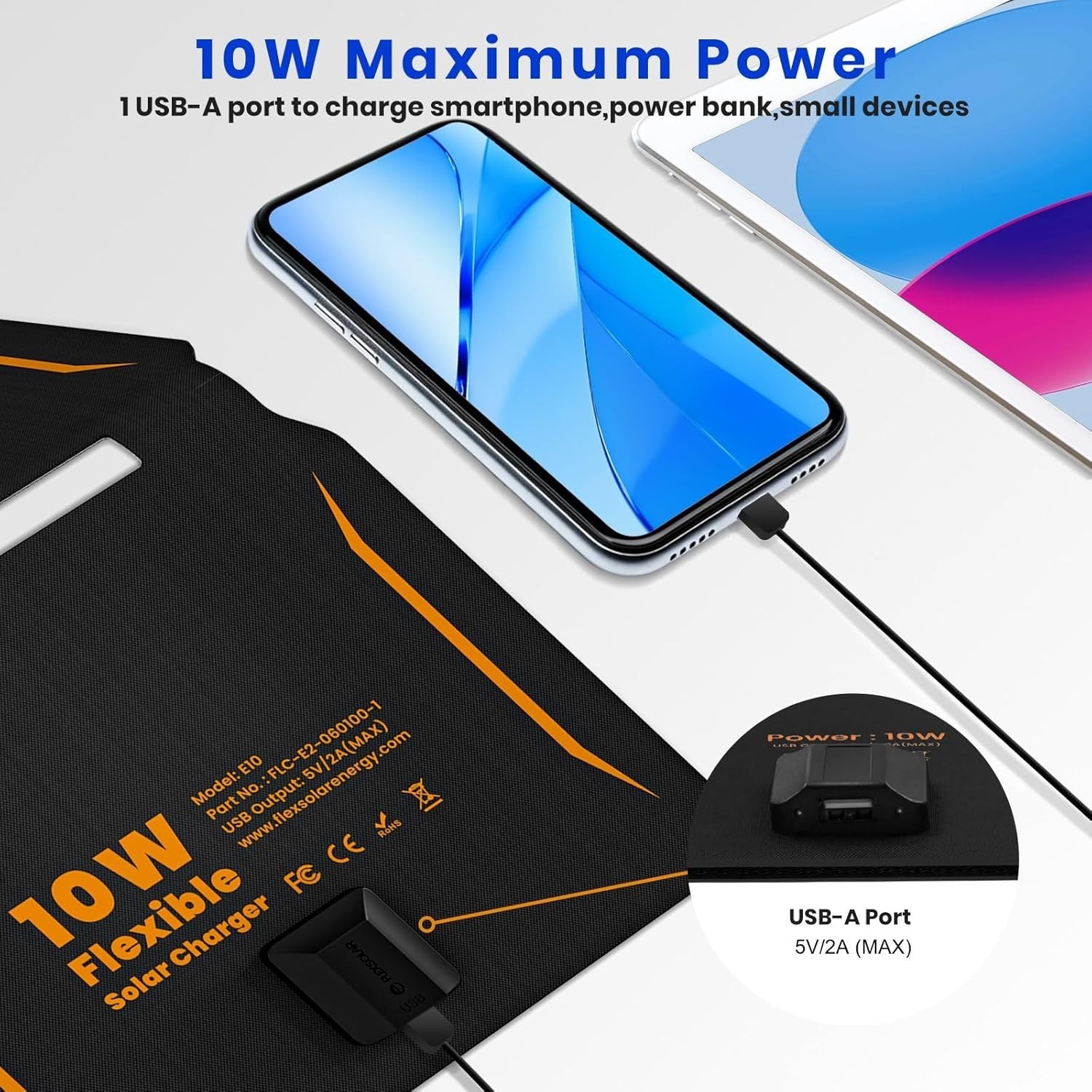 FlexSolar E10 10W Portable Solar Panel USB-A Charger for Hiking Camping Open Box