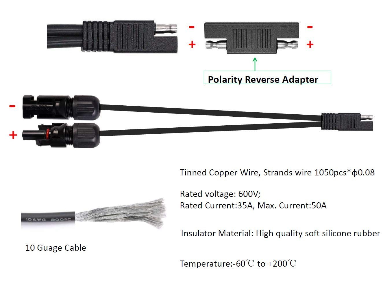Solar Panel Connectors 10AWG MC-4 SAE Adapter PV Extension Cable for Solar Pa…