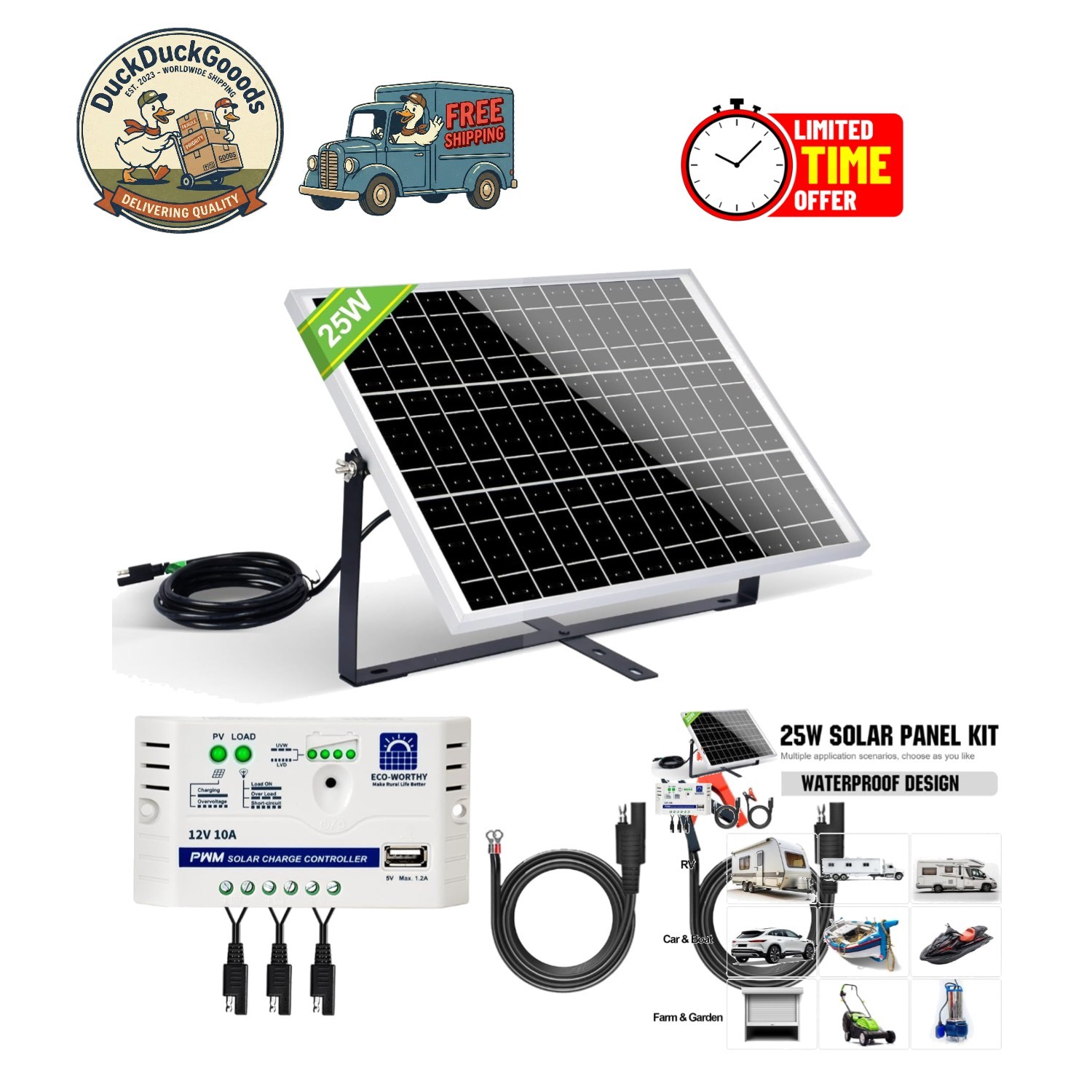 25W Waterproof Solar Battery Charger Kit for 12V Vehicles – All-in-One Solution