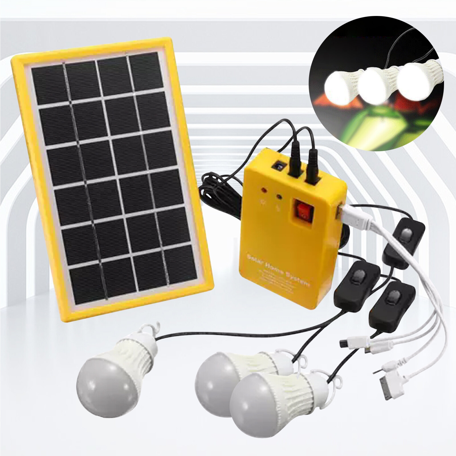 Solar Power Panel Generator Kit 5V USB Home System Charger 3 LED Bulbs Light