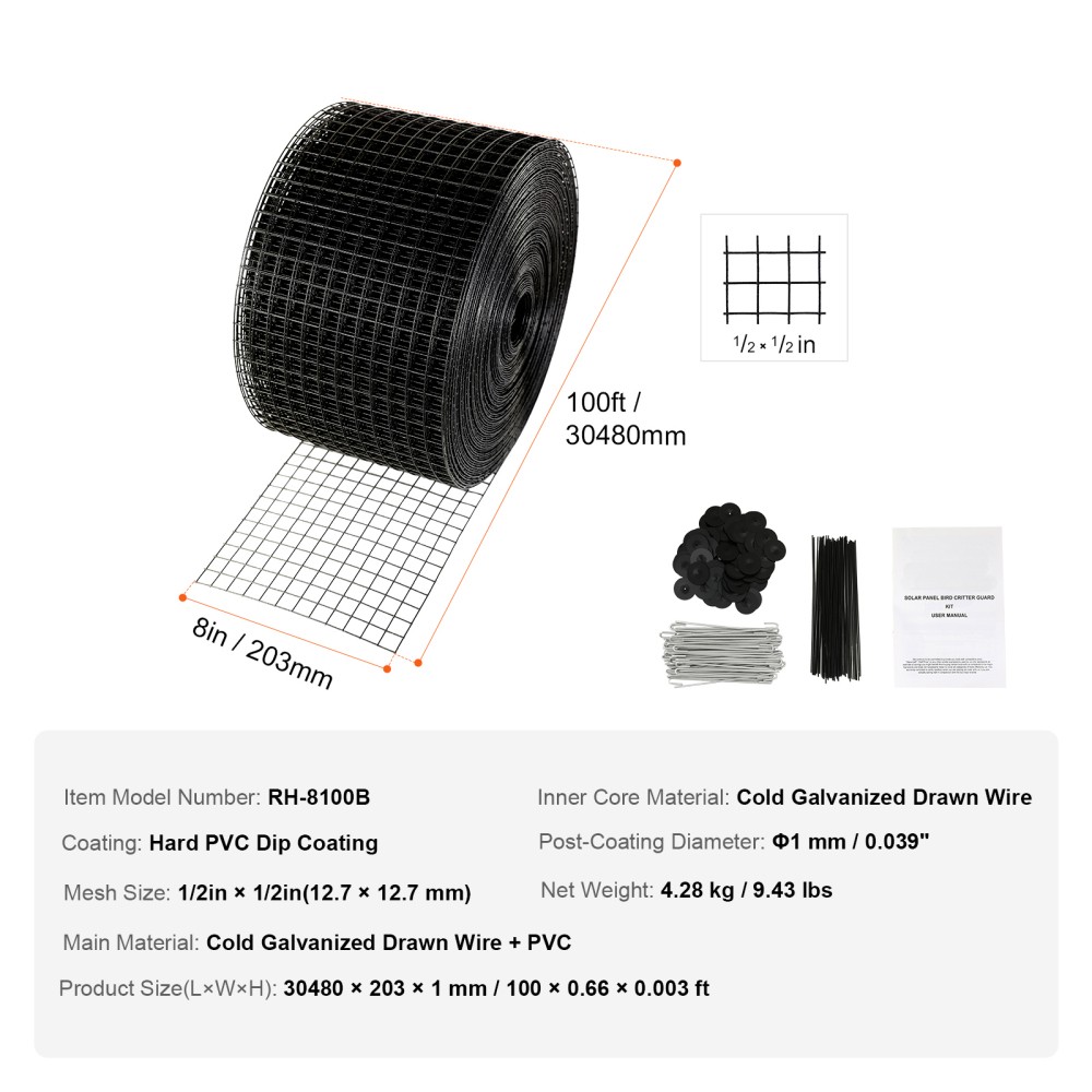8 Inch x 100ft Solar Panel Bird Guard Critter Guard Roll Kit 100 Fasteners