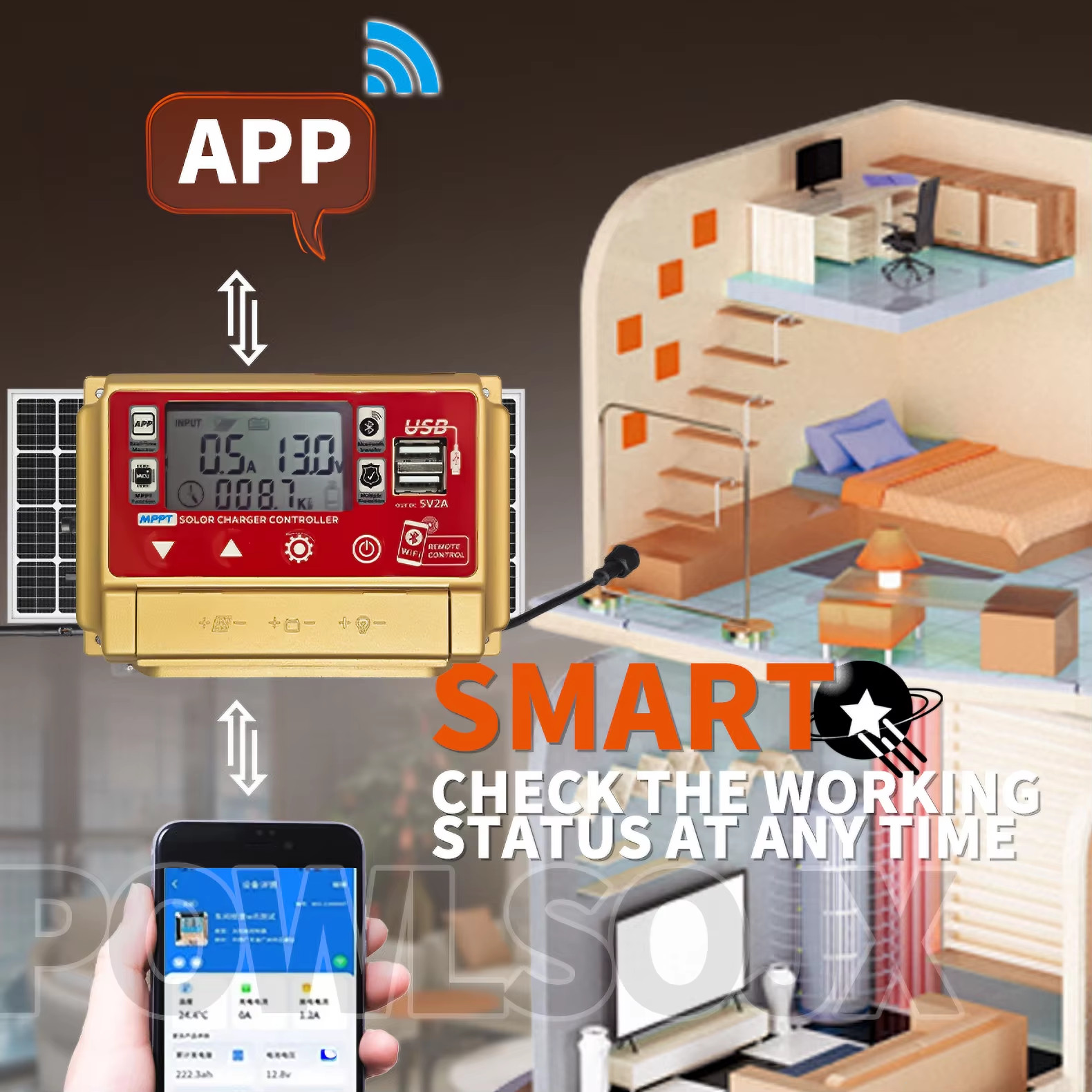 Solar Controller with Bluetooth/WiFi, HD LCD, Dual USB, Metal Heat Dissipation,