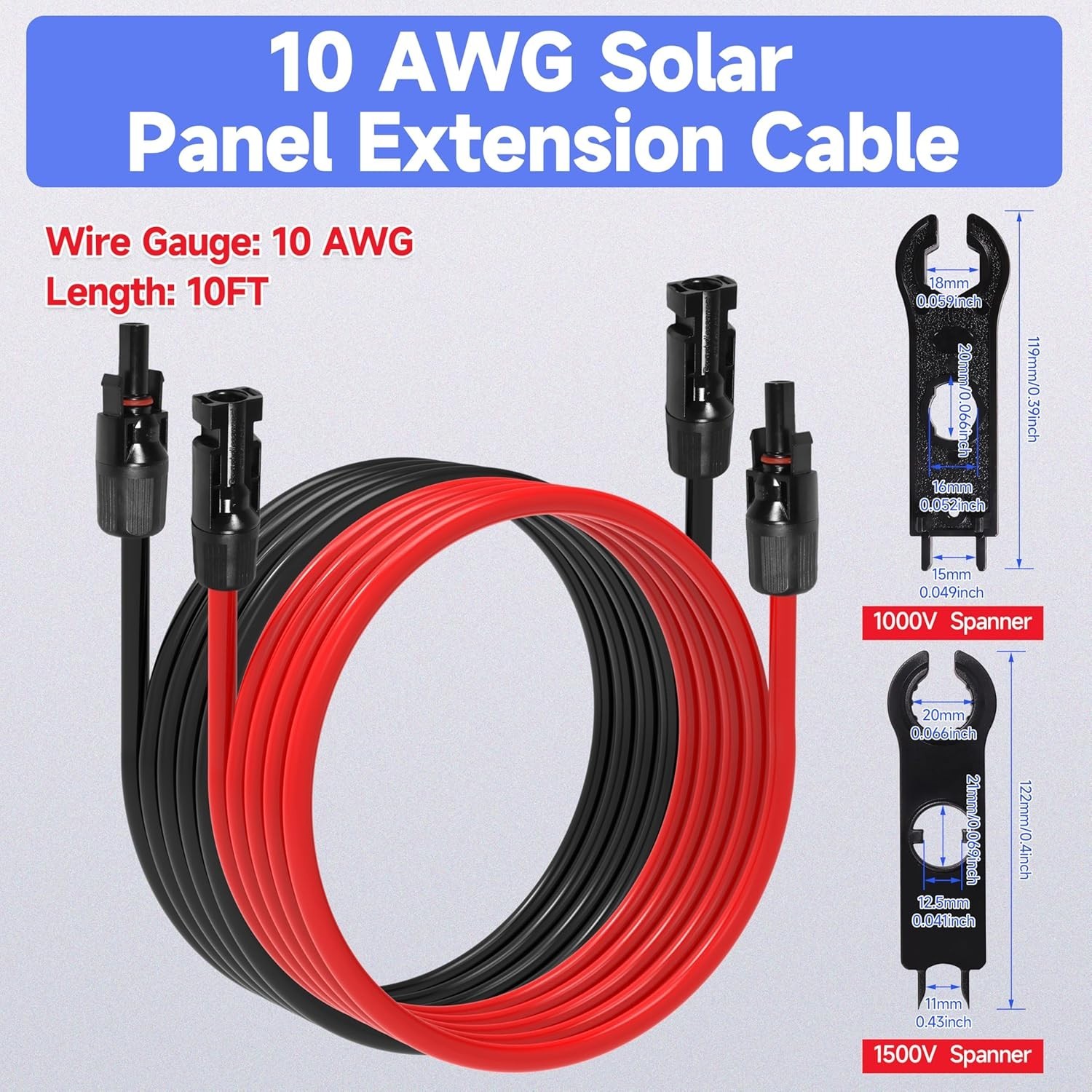 10FT Black Red Solar Panel Extension Cable Wire Solar Connector 10AWG Gauge