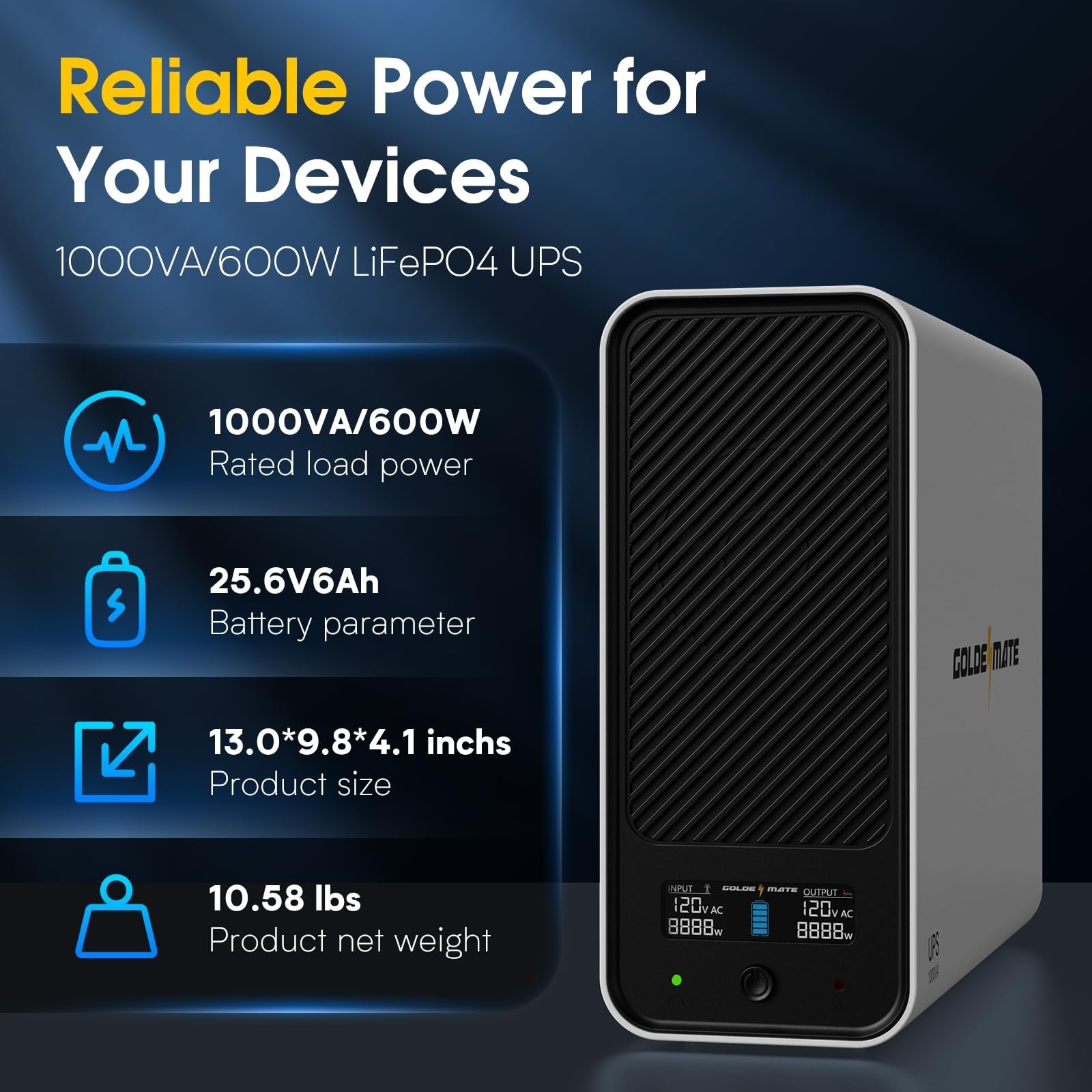 Goldenmate 1000VA 600W LiFePO4 Battery Backup UPS, Pure Sine Wave Surge Protect
