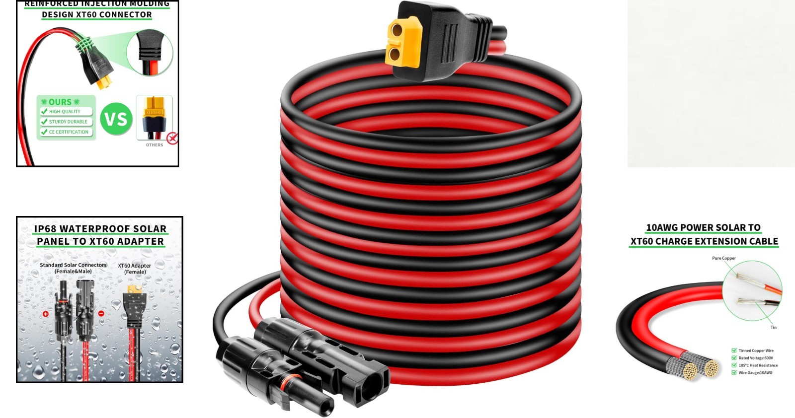 50FT 10AWG XT60 Solar Connector Cable – Durable & Waterproof Charging Solution