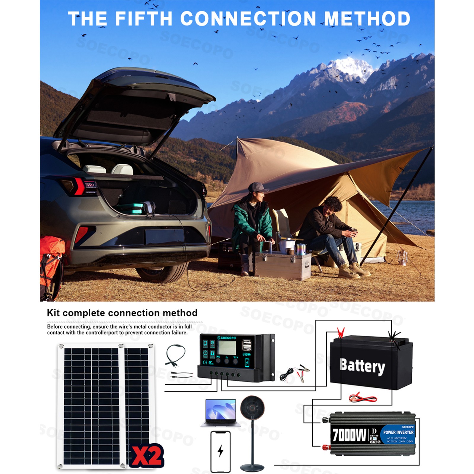 7000W Solar Kit DC 12V – AC 110V/220V Inverter, 2pcs Solar Panels, Controller