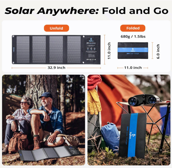 28W Portable Solar Charger, Dual USB-C/USB-A for Camping, Hiking, Phones & GPS.