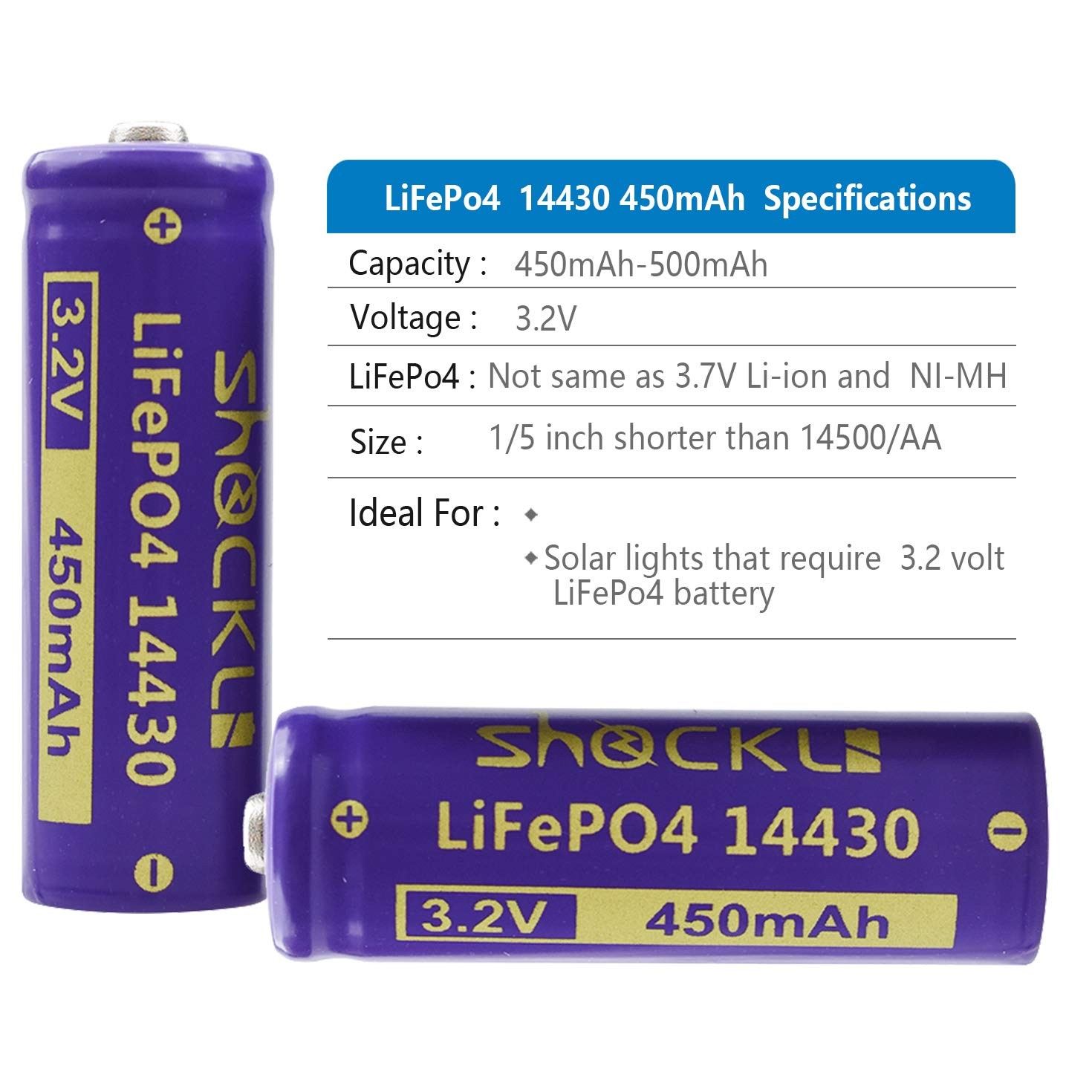 funkawa 6Pack Shockli 14430 3.2V 450mAh LiFePo4 Rechargeable Solar Battery fo…