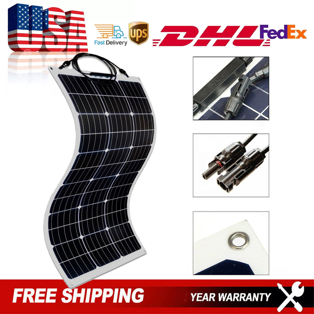 Flexible 300W Watt Mono Solar Panel Home RV Rooftop Camping Off-Grid Power 18V