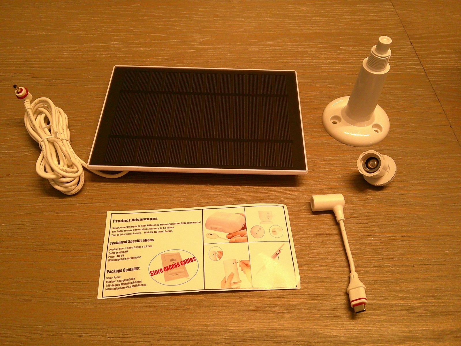 Solar Panel Charger, 4W 5V, 3M Cable, Solar Panel, Micro USB & USB-C Port I.22