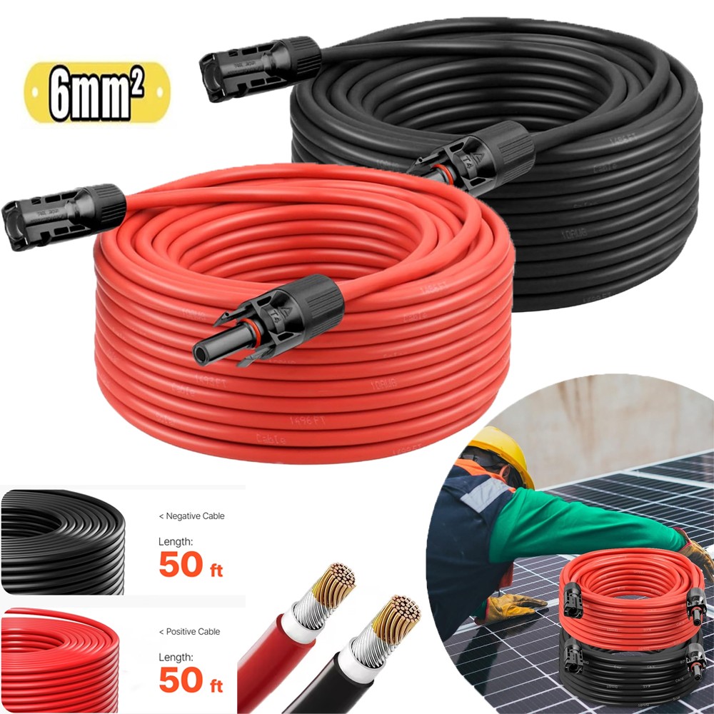100FT 10 AWG Solar Panel Extension Cable PV Wire Solar Connectors Pair 6mm²