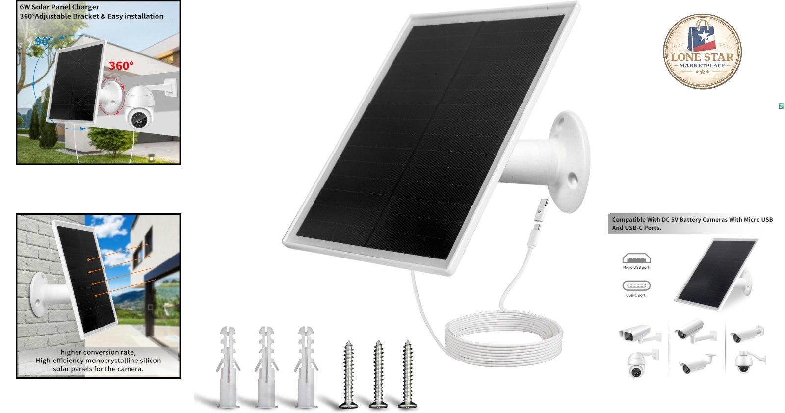 360° Adjustable 6W Solar Panel Charger for Waterproof Rechargeable Cameras