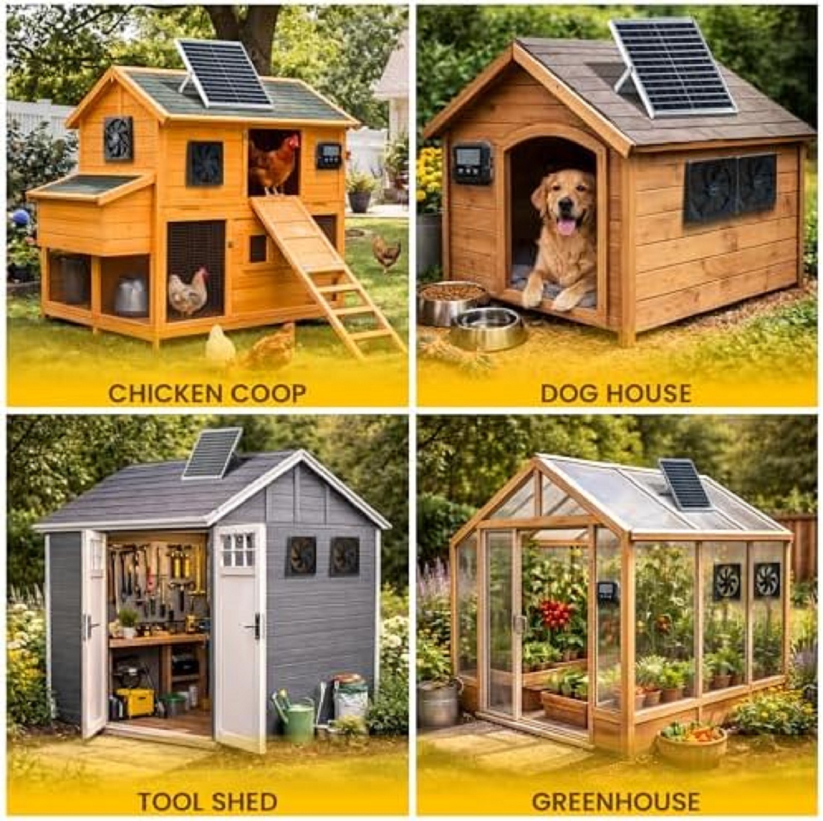 Solar Fan for Chicken Coop and Greenhouse, Dual Solar Ventilation with Battery