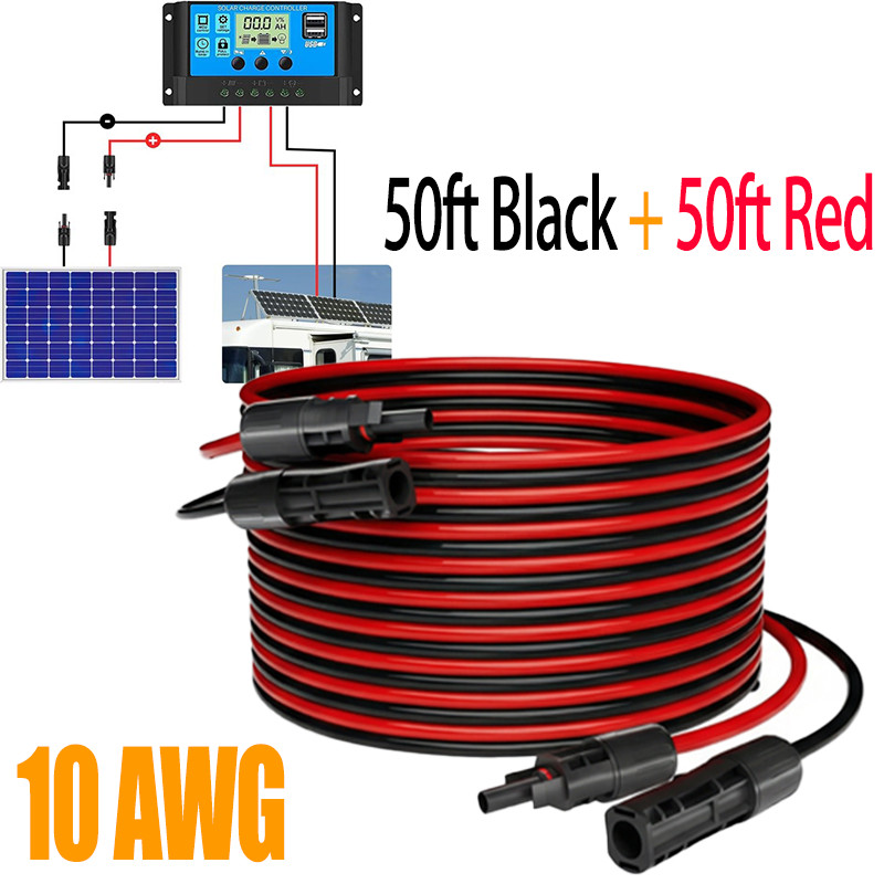 100FT 10 AWG Solar Panel Extension Cable PV Wire Solar Connectors Pair 6mm²