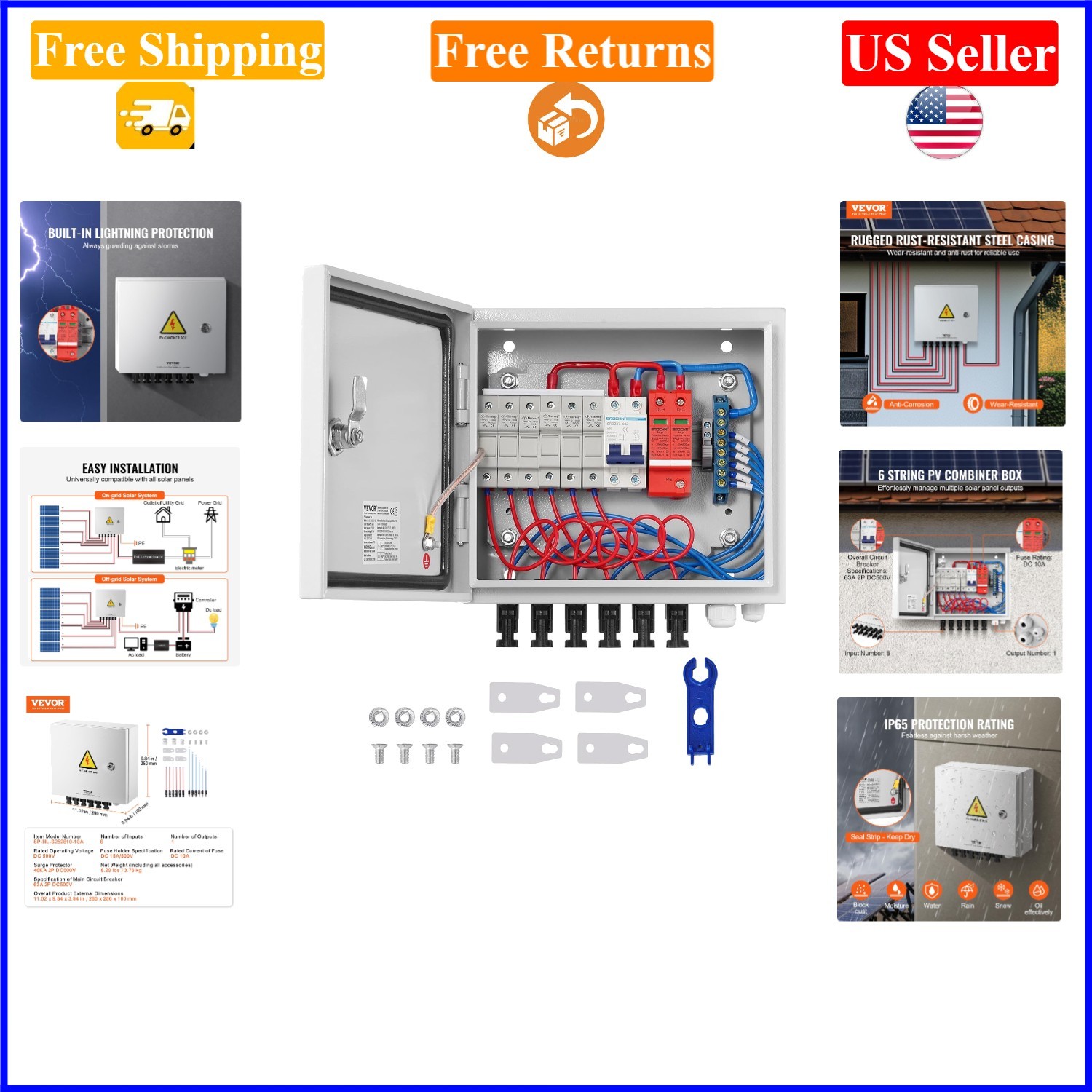6-String Metal Solar Combiner Box 63A Circuit Breaker, , for On/Off Grid