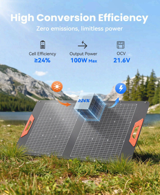 100W Bifacial Portable Solar Panel, 24% Efficiency, Foldable IP65 Charger