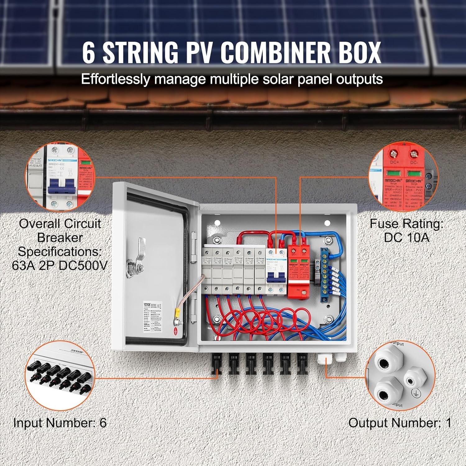 6-String Metal Solar Combiner Box 63A Circuit Breaker, , for On/Off Grid